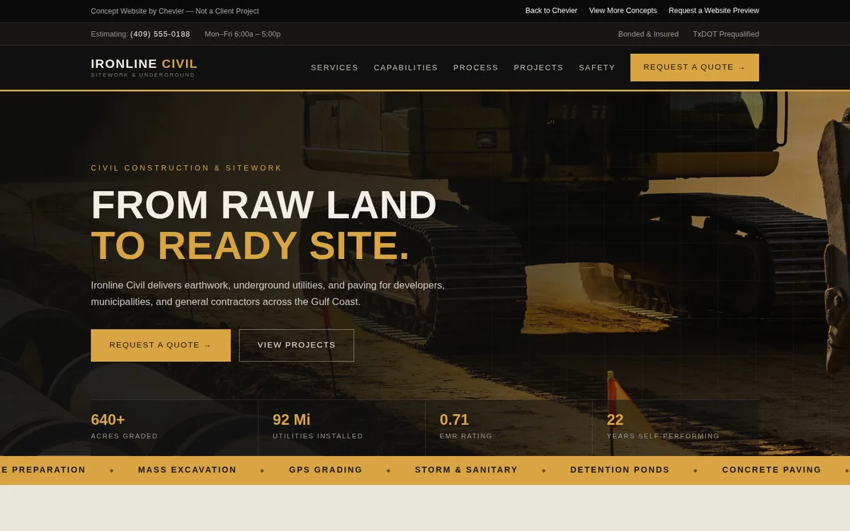 Desktop preview of the civil and sitework contractor website concept