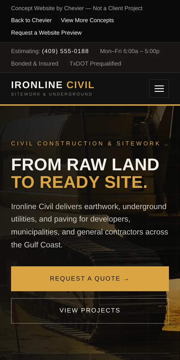 Mobile preview of the civil and sitework contractor website concept