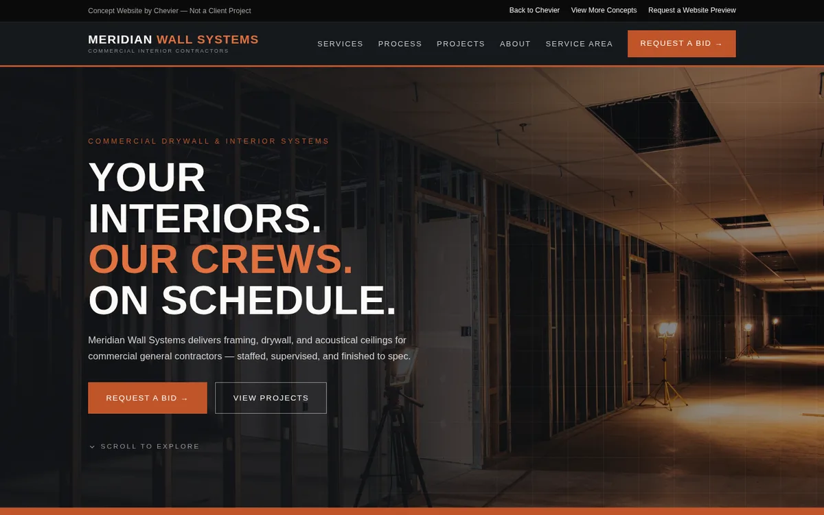 Desktop preview of the commercial drywall contractor website concept