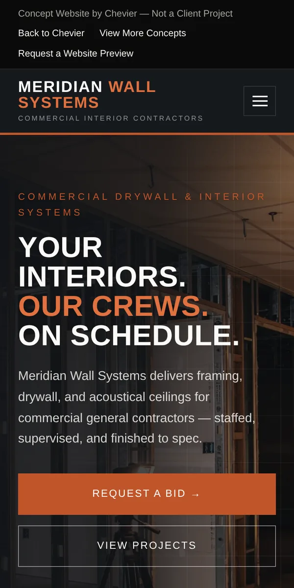 Mobile preview of the commercial drywall contractor website concept