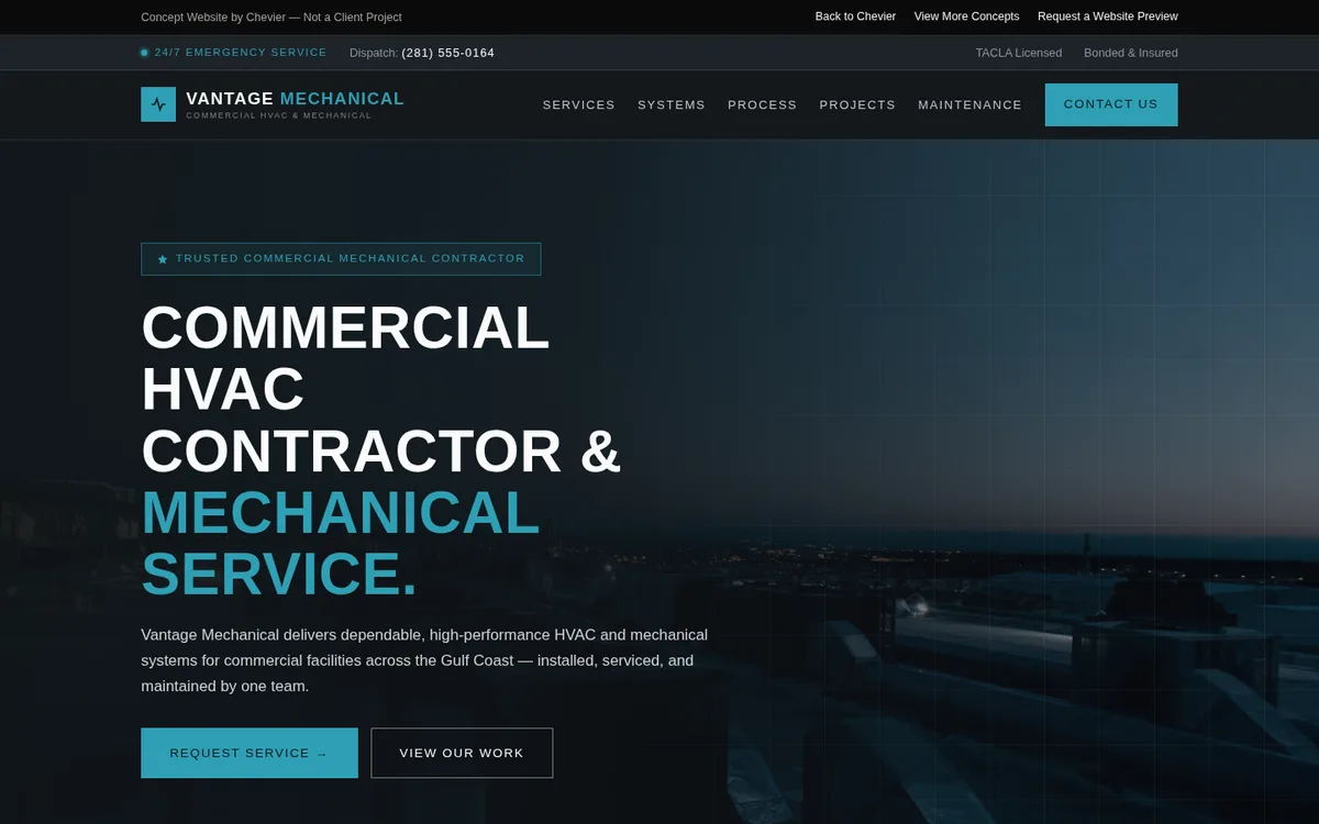 Desktop preview of the commercial mechanical contractor website concept